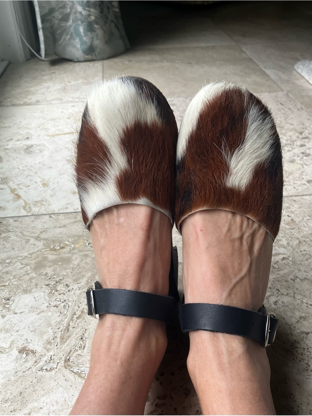 Cowhide Brown & White Slip-On Mules with Black Ankle Strap
